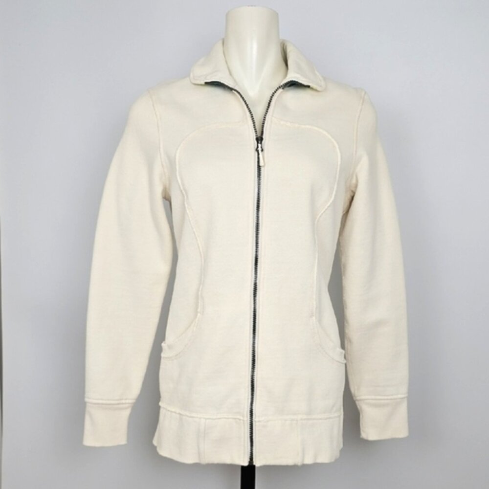 Lululemon Women's Cream Zip-Up Fleece Lined Scuba Jacket Pockets Retro Size 8